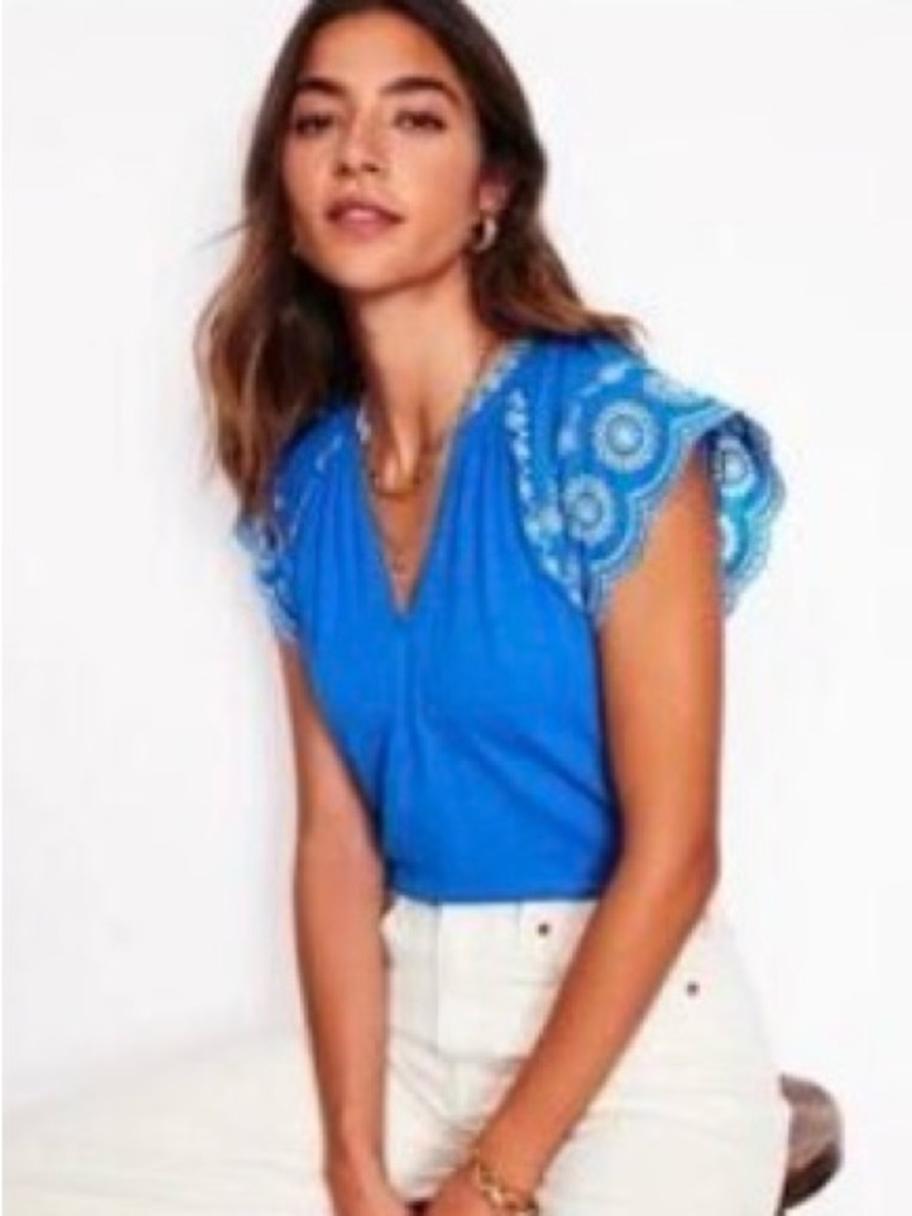 Boden Blue Embroidered Cotton Scallop Flutter Sleeve Top Blouse US 8